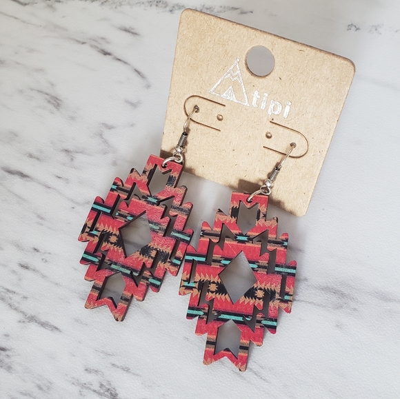 Desert Flame Southwestern Diamond Wood Earrings - Picture 6 of 7